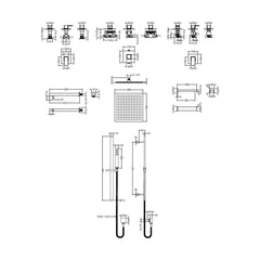 [BSB137ST3] 3 Outlet Concealed Valves Shower Bundle with Slide Rail Kit, Wall Mount Arm, Head & Bath Spout- Chrome - Technical Drawing