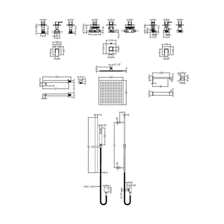 [BSB137ST3] 3 Outlet Concealed Valves Shower Bundle with Slide Rail Kit, Wall Mount Arm, Head & Bath Spout- Chrome - Technical Drawing
