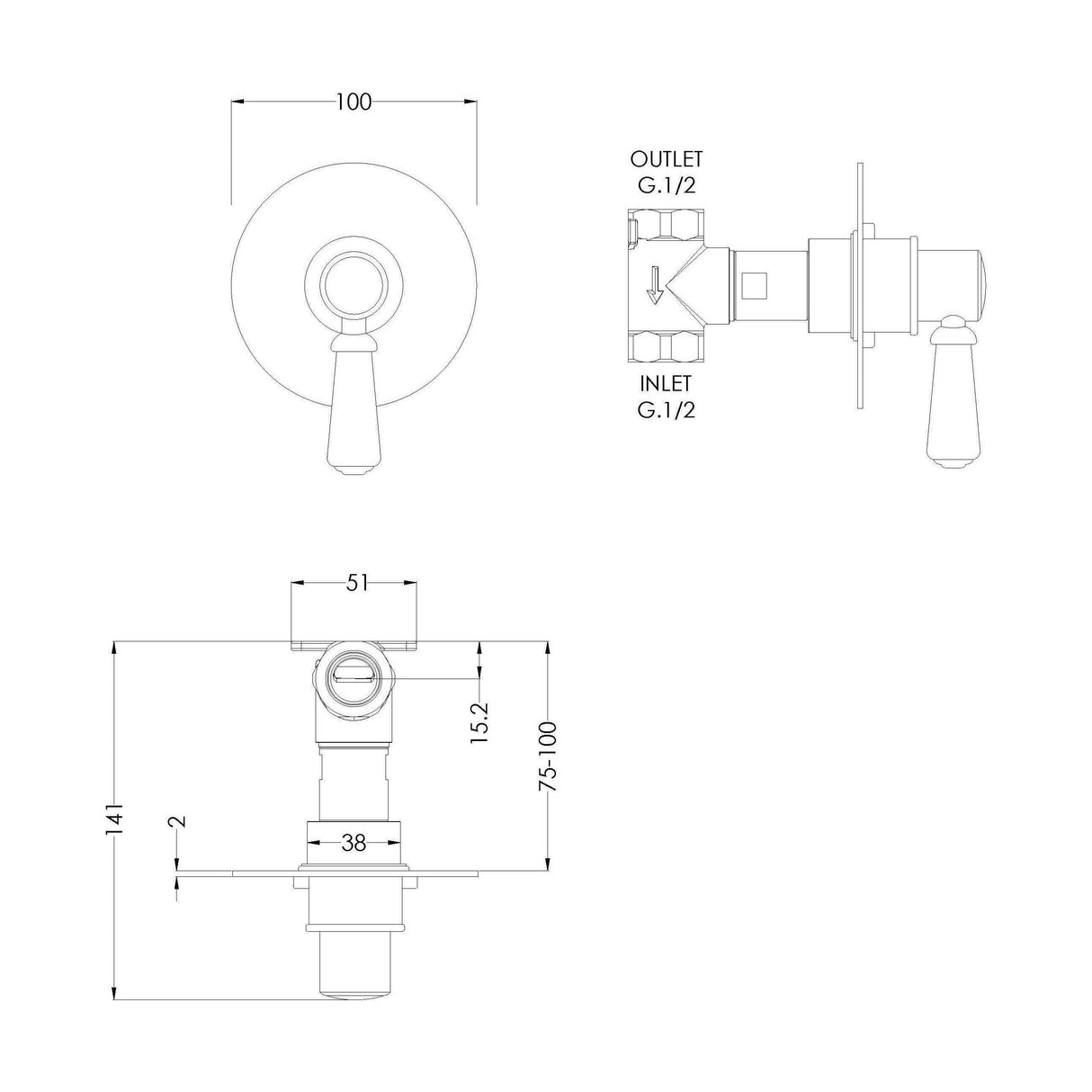 [BSBAST10] Traditional Concealed Thermostatic Shower Stop Tap - Chrome - Balterley - Technical Drawing