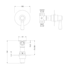 [BSBAST10] Traditional Concealed Thermostatic Shower Stop Tap - Chrome - Balterley - Technical Drawing