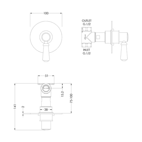 [BSBAST10] Traditional Concealed Thermostatic Shower Stop Tap - Chrome - Balterley - Technical Drawing