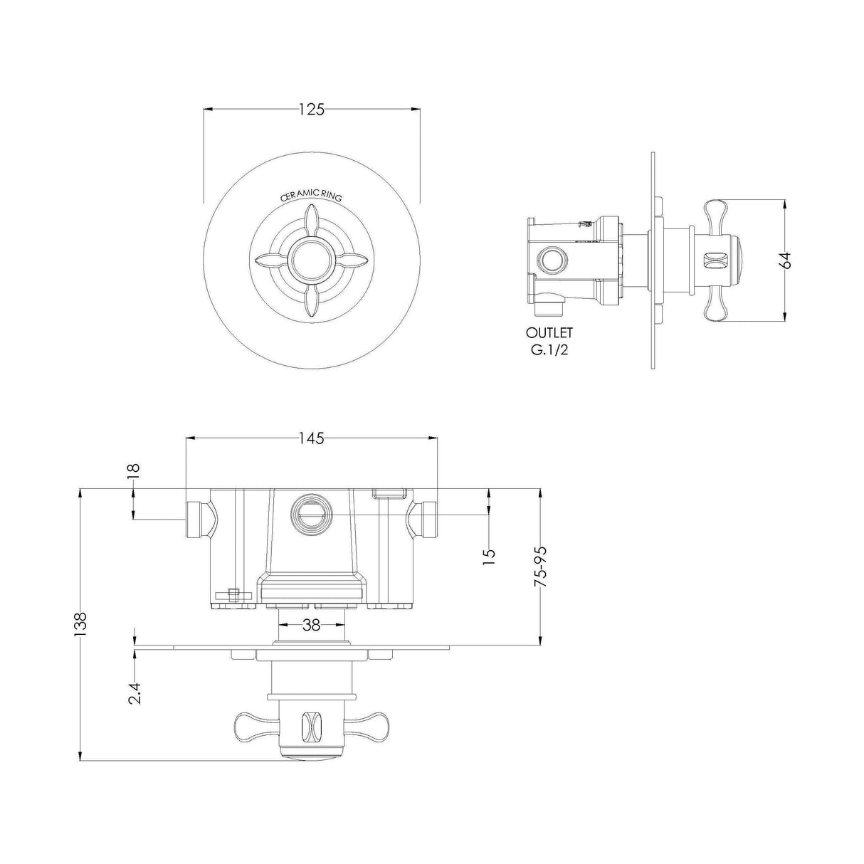 [BSBATC11] Traditional Concealed Thermostatic Shower Valve with Temperature Control - Chrome Finish by Balterley - Technical Drawing