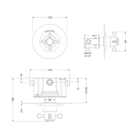 [BSBATC11] Traditional Concealed Thermostatic Shower Valve with Temperature Control - Chrome Finish by Balterley - Technical Drawing