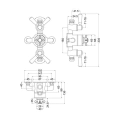 [BSBATR02E] Traditional Exposed Triple Thermostatic Shower Valve with 2 Outlets Durable Brass Construction, Polished Chrome Finish - Balterley - Technical Drawing