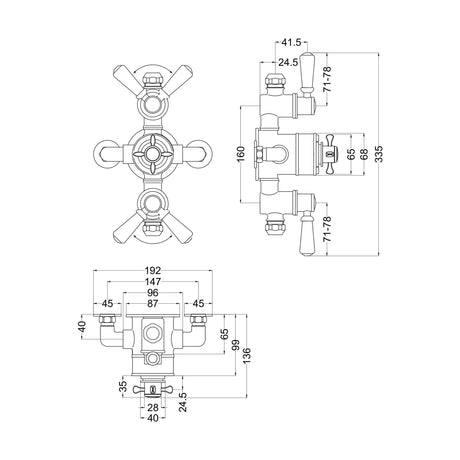 [BSBATR02E] Traditional Exposed Triple Thermostatic Shower Valve with 2 Outlets Durable Brass Construction, Polished Chrome Finish - Balterley - Technical Drawing