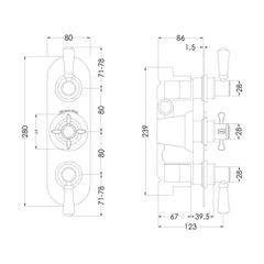 [BSBATR02] Traditional Concealed Triple Thermostatic Shower Valve with 2 Outlets - Chrome Finish by Balterley - Technical Drawing