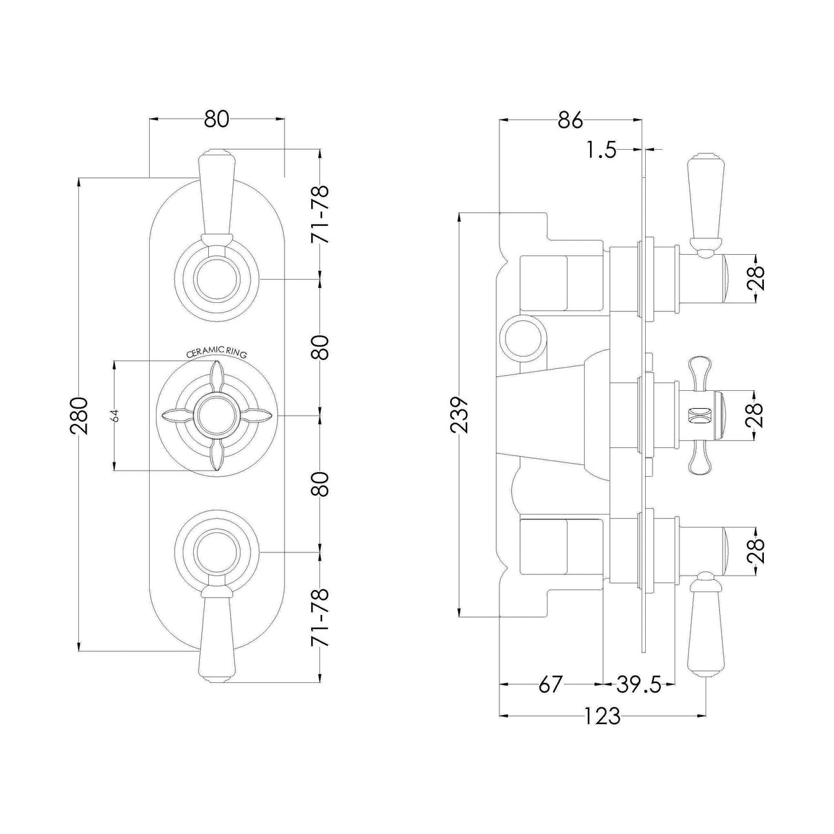 [BSBATR03] Traditional Concealed Triple Thermostatic Shower Valve with Diverter (3 Outlets) - Chrome - Balterley - Technical Drawing