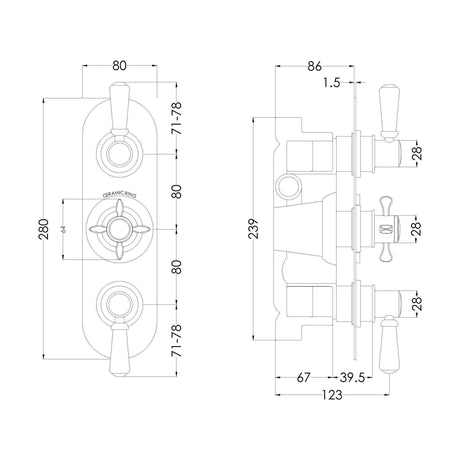 [BSBATR03] Traditional Concealed Triple Thermostatic Shower Valve with Diverter (3 Outlets) - Chrome - Balterley - Technical Drawing