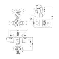 [BSBATW01E] Traditional Exposed Twin Thermostatic Shower Valve with Single Outlet, Durable Brass Body, Polished Chrome Finish - Balterley - Technical Drawing