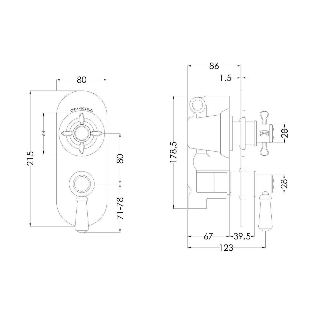 [BSBATW01] Traditional Concealed Twin Thermostatic Shower Valve, 1 Outlet - Chrome - Balterley - Technical Drawing