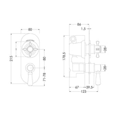 [BSBATW02] Traditional Concealed Twin Thermostatic Shower Valve with Diverter (2 Outlets) - Chrome - Balterley - Technical Drawing