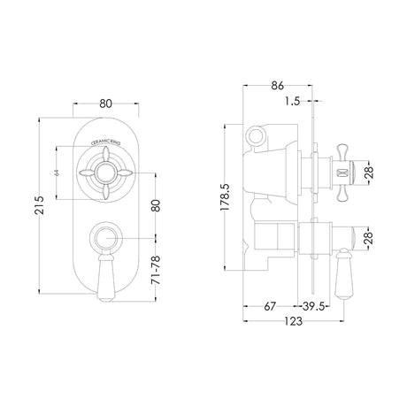[BSBATW02] Traditional Concealed Twin Thermostatic Shower Valve with Diverter (2 Outlets) - Chrome - Balterley - Technical Drawing