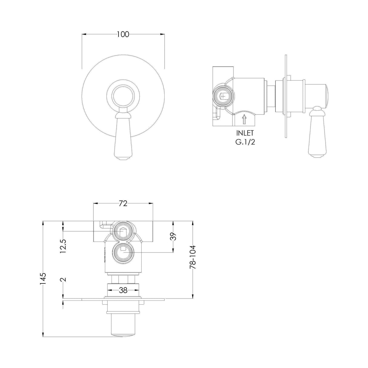 [BSBAWD14] Traditional Concealed Lever Handle 2/3/4 Way Shower Diverter - Chrome - Technical Drawing