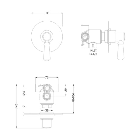 [BSBAWD14] Traditional Concealed Lever Handle 2/3/4 Way Shower Diverter - Chrome - Technical Drawing