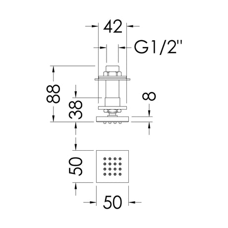 [BSBJ354] Shower Accessories Modern Square Body Jet - Chrome - Technical Drawing