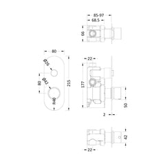 [BSBR10TW1] Shower Bundle Concealed Round Push 1 Button Valve & Multi Function Handset Slide Rail Kit - Chrome Balterley - Technical Drawing