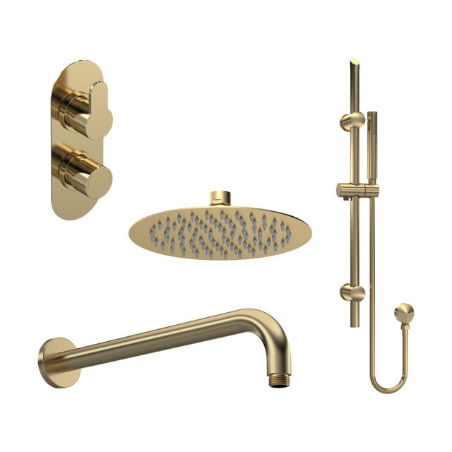 [BSBR86TW2] Balterley Pride Modern Round 2 Outlet Shower Valve, Head, Wall Arm and Slide Rail Handset Bundle - Brushed Brass - Cutout