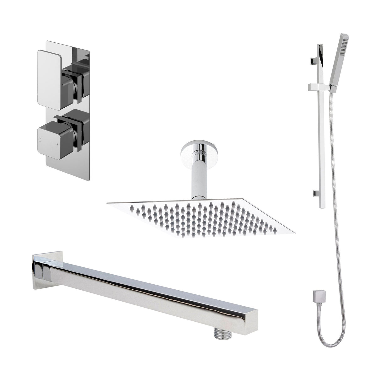 [BSBS06TW2] Balterley Empire Modern Square 2 Outlet Shower Valve, Head, Wall Arm and Slide Rail Handset Bundle - Chrome - Cutout