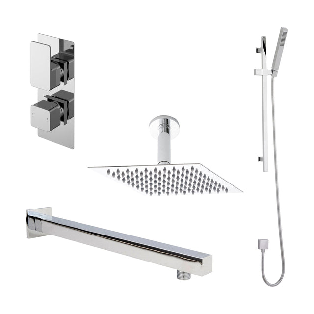 [BSBS06TW2] Balterley Empire Modern Square 2 Outlet Shower Valve, Head, Wall Arm and Slide Rail Handset Bundle - Chrome - Cutout