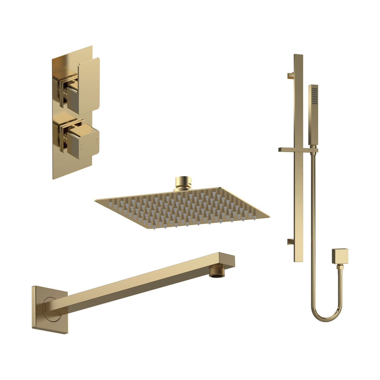 [BSBS86TW2] Balterley Empire Modern Square 2 Outlet Shower Valve, Head, Wall Arm and Slide Rail Handset Bundle - Brushed Brass - Cutout