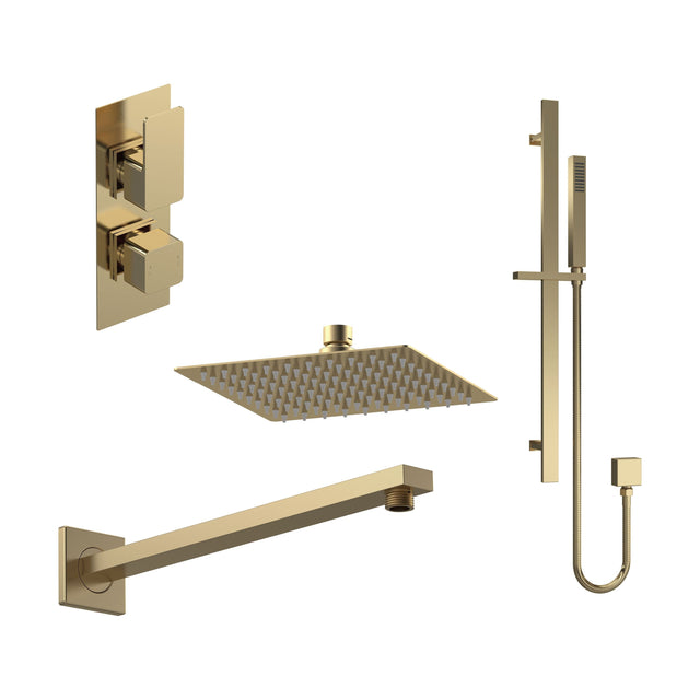 [BSBS86TW2] Balterley Empire Modern Square 2 Outlet Shower Valve, Head, Wall Arm and Slide Rail Handset Bundle - Brushed Brass - Cutout