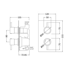 [BSCA051] Round Concealed Twin Thermostatic Shower Valve (1 Outlet) - Chrome - Technical Drawing