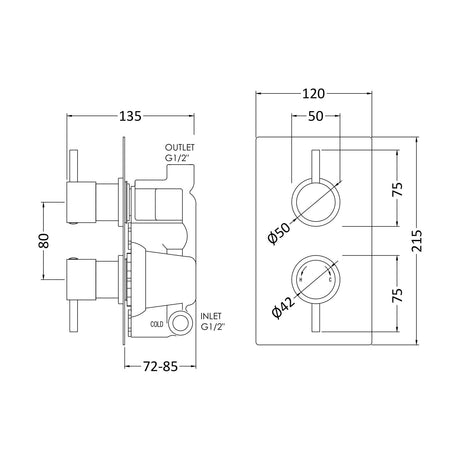 [BSCA051] Round Concealed Twin Thermostatic Shower Valve (1 Outlet) - Chrome - Technical Drawing