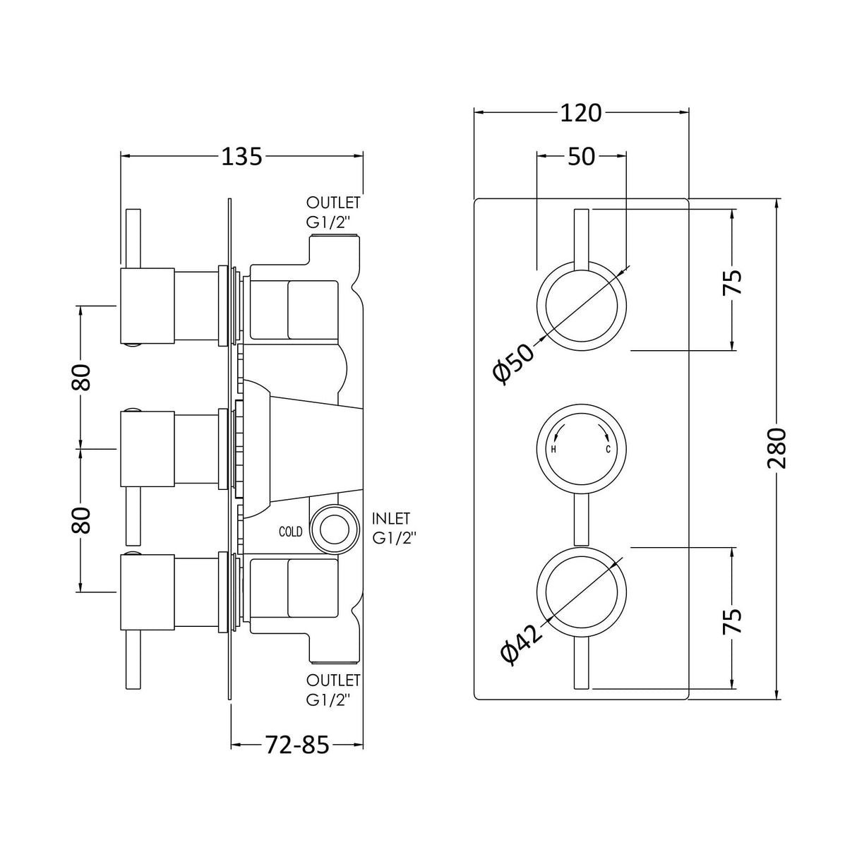 [BSCA053] Round Concealed Triple Thermostatic Shower Valve (2 Outlets) - Chrome - Balterley - Technical Drawing