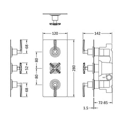 [BSCN3023L] Levedale Triple Concealed Crosshead Thermostatic Shower Valve with Diverter (3 Outlets) - Technical Drawing