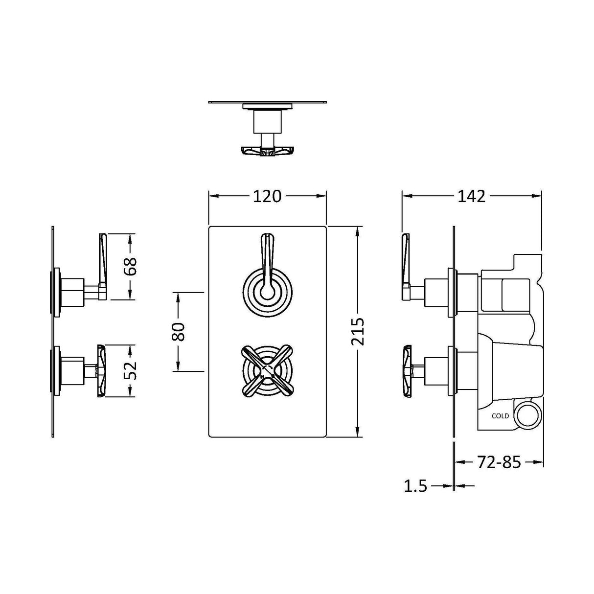 [BSCN8207L] Levedale Twin Concealed Crosshead Thermostatic Shower Valve with Diverter (2 Outlets) - Technical Drawing