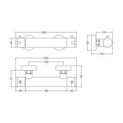 [BSCU503] Balterley Current Contemporary Wall Mounted Round Thermostatic Bar Valve with Bottom Outlet - Polished Chrome Finish - Technical Drawing
