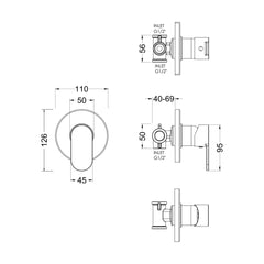 [BSCUMV10] Balterley Current Contemporary Round Concealed Manual Shower Valve with Lever Handle and Round Backplate - Chrome Finish - Technical Drawing