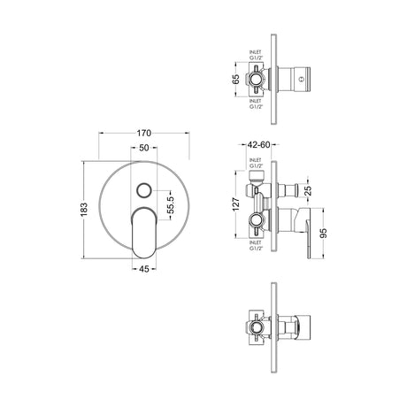 [BSCUMV12] Balterley Current Contemporary Round Concealed Manual Shower Valve with Diverter and Lever Handle - Chrome Finish - Technical Drawing