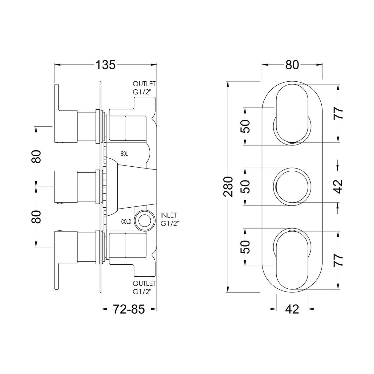 [BSCUTR02] Balterley Current Contemporary Round Triple Concealed Thermostatic Shower Valve with Lever and Knob Handles - Chrome Finish - Technical Drawing