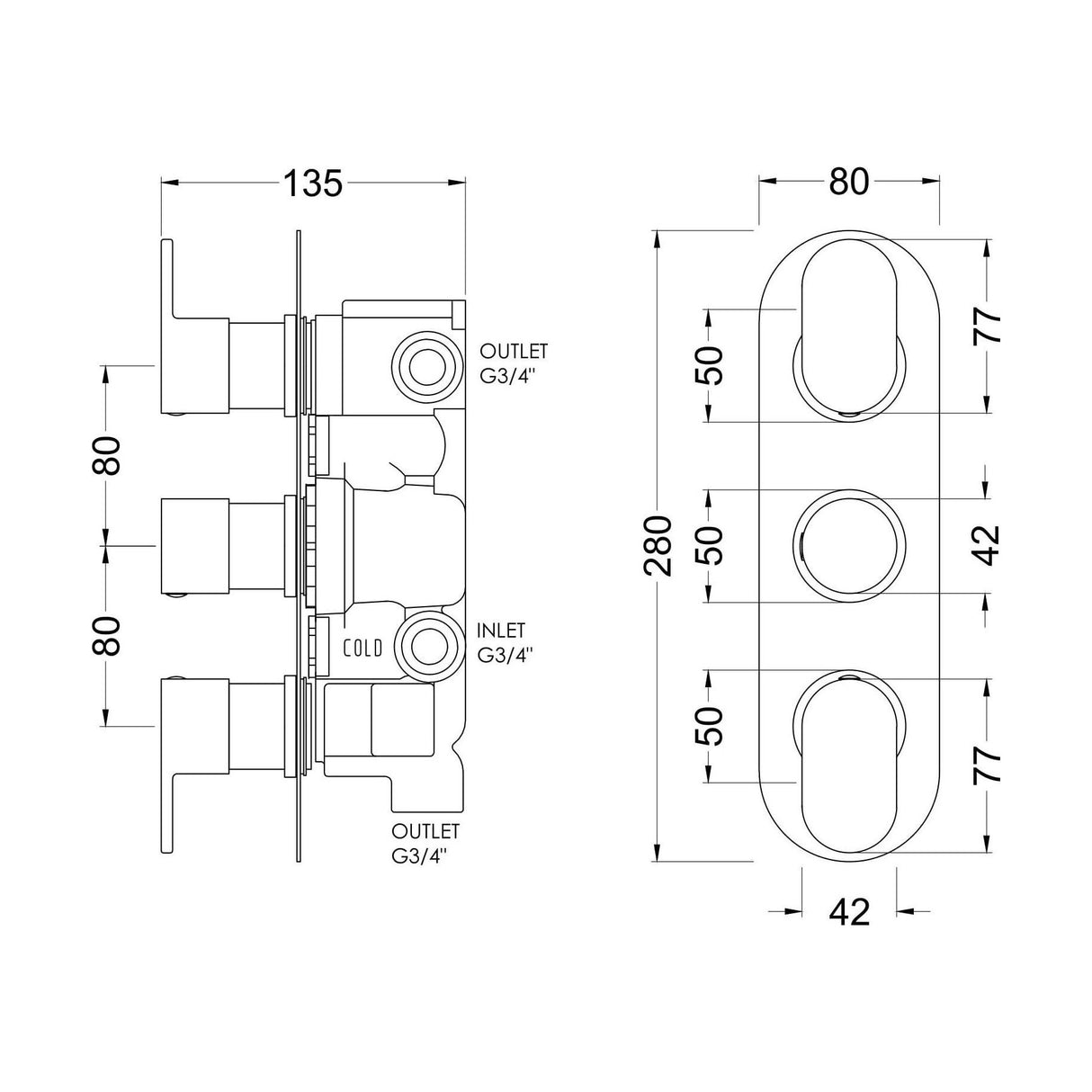 [BSCUTR03] Balterley Current Contemporary Round Triple Concealed Thermostatic Shower Valve with Diverter and Lever Handles - Chrome Finish - Technical Drawing
