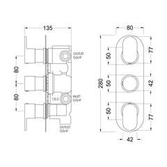 [BSCUTR03] Balterley Current Contemporary Round Triple Concealed Thermostatic Shower Valve with Diverter and Lever Handles - Chrome Finish - Technical Drawing