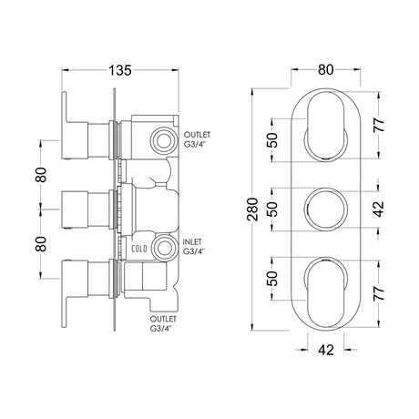 [BSCUTR03] Balterley Current Contemporary Round Triple Concealed Thermostatic Shower Valve with Diverter and Lever Handles - Chrome Finish - Technical Drawing