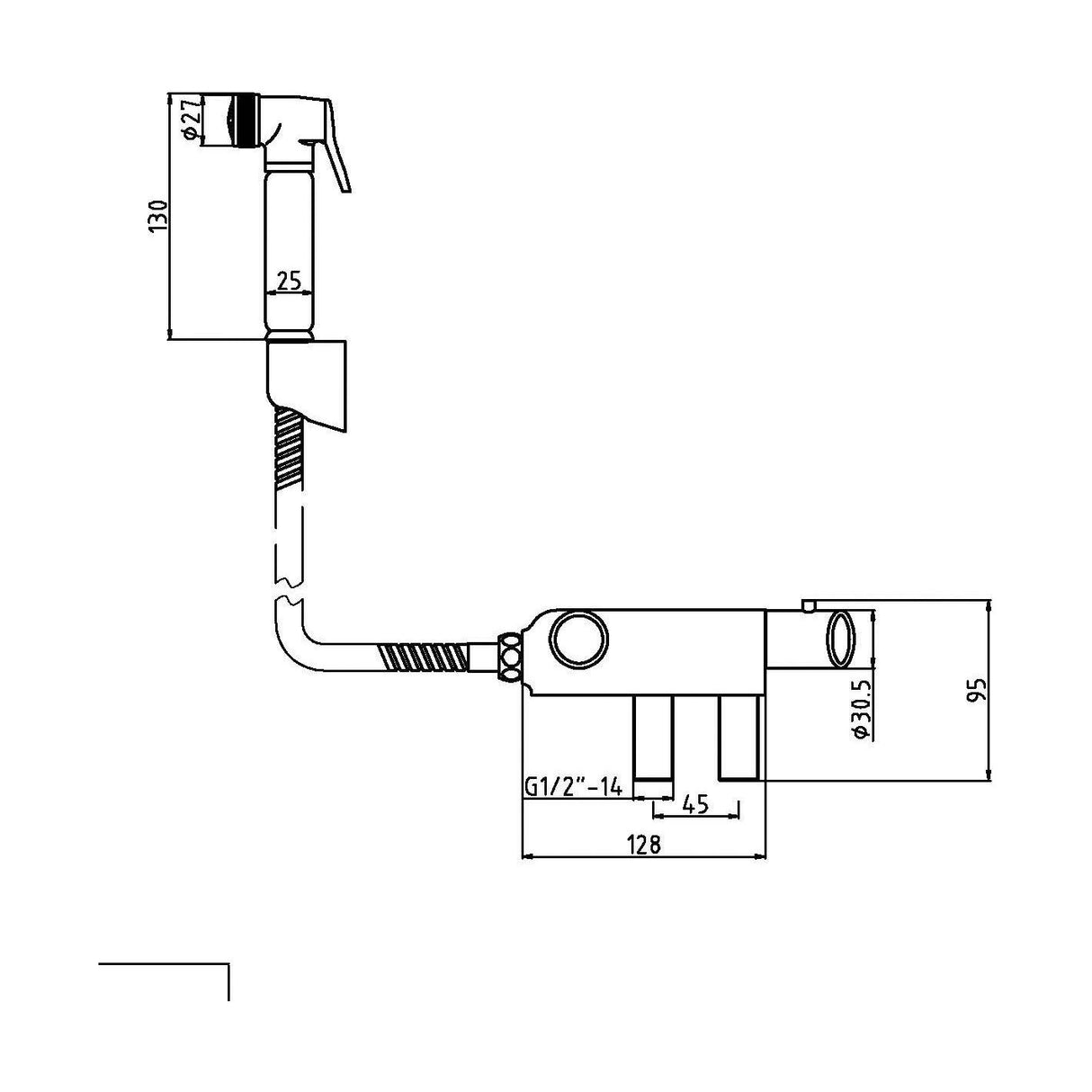 [BSDS002] Round Thermostatic Douche Spray Kit - Chrome - Technical Drawing