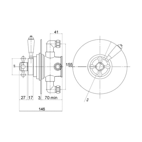 [BSED092C] Traditional Concealed Dual Thermostatic Shower Valve (1 Outlet) - Chrome - Balterley - Technical Drawing