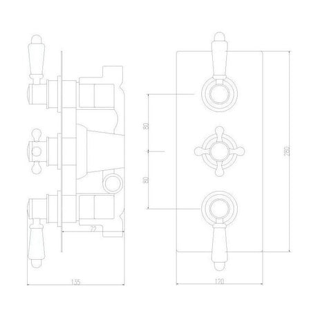 [BSED315] Traditional Concealed Triple Thermostatic Shower Valve with 2 Outlets in Chrome Finish by Balterley - Technical Drawing