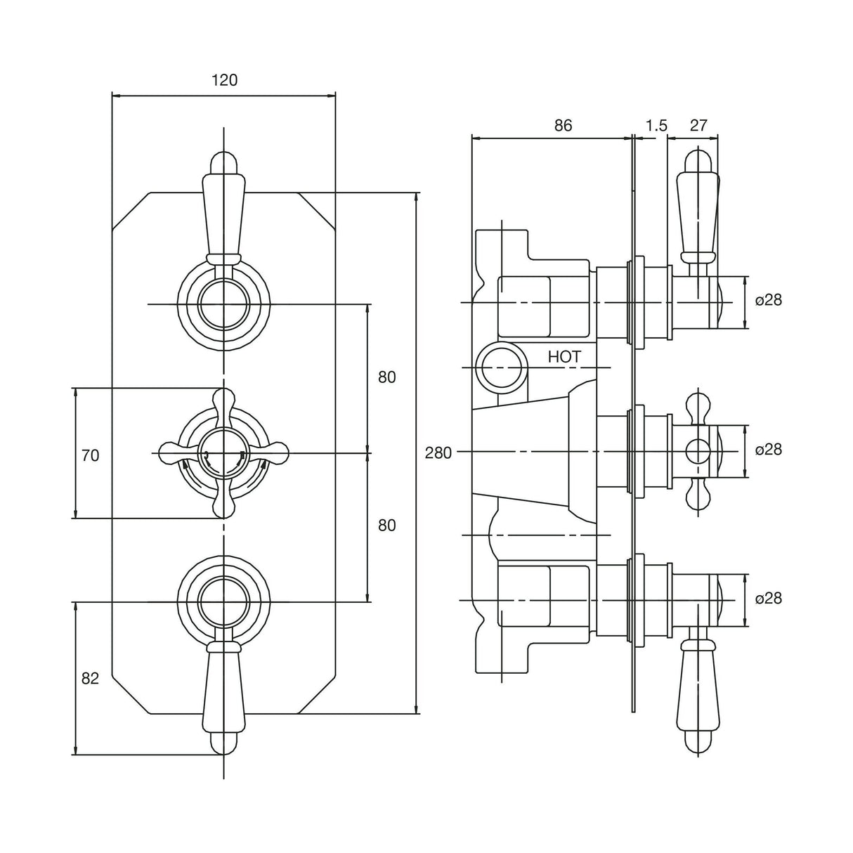 [BSED317] Traditional Concealed Triple Thermostatic Shower Valve with 2 Outlets in Chrome by Balterley - Technical Drawing