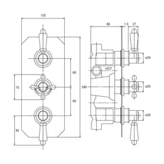 [BSED317] Traditional Concealed Triple Thermostatic Shower Valve with 2 Outlets in Chrome by Balterley - Technical Drawing