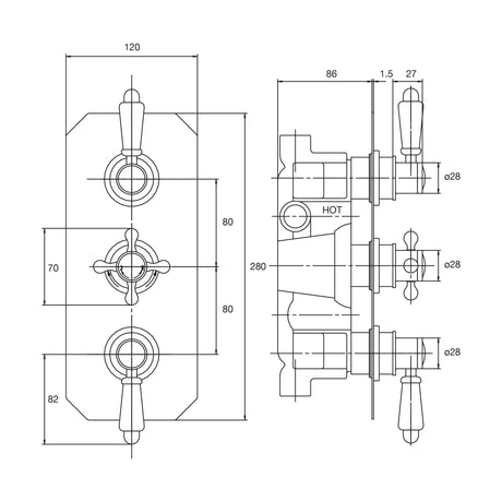[BSED317] Traditional Concealed Triple Thermostatic Shower Valve with 2 Outlets in Chrome by Balterley - Technical Drawing
