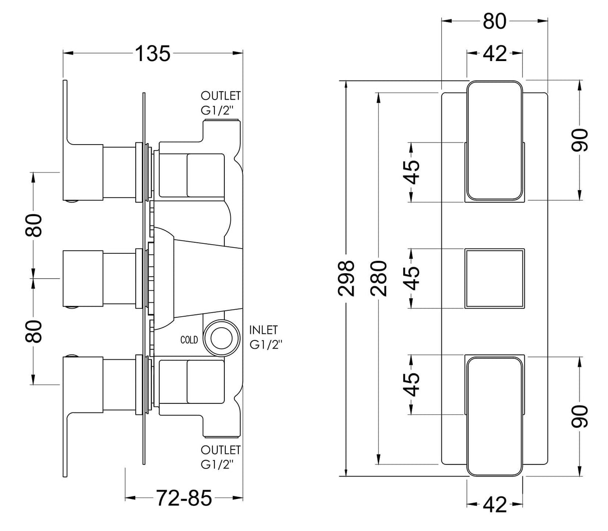 [BSEM15TR02] Swinscoe Contemporary Concealed Square Triple Thermostatic Shower Valve, Choice of Colour - Technical Drawing
