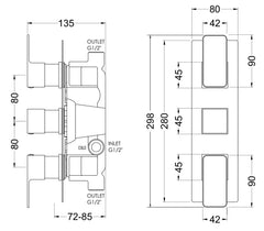 [BSEM15TR02] Swinscoe Contemporary Concealed Square Triple Thermostatic Shower Valve, Choice of Colour - Technical Drawing