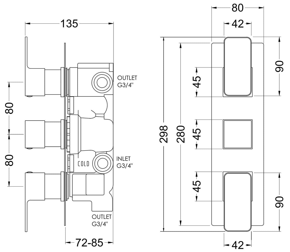 [BSEM15TR03] Swinscoe Contemporary Concealed Square Triple Thermostatic Shower Valve with Diverter, Choice of Colour - Technical Drawing