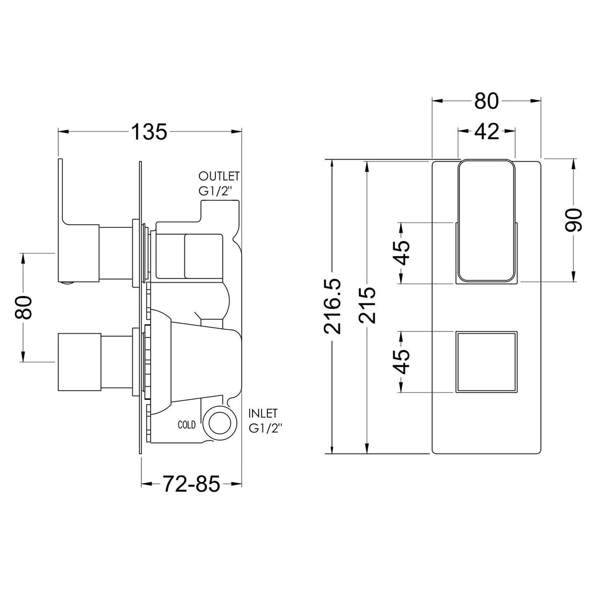[BSEM15TW01] Swinscoe Contemporary Concealed Square Twin Thermostatic Shower Valve, Choice of Colour - Technical Drawing