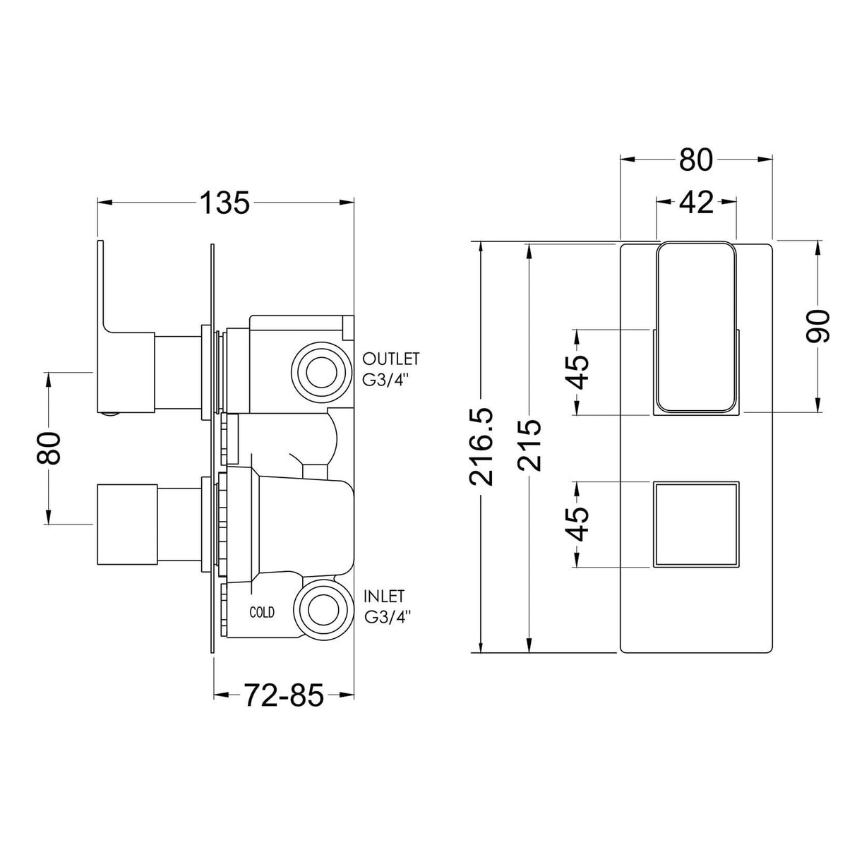 [BSEM15TW02] Swinscoe Square Twin Thermostatic Shower Valve with Diverter, Choice of Colour - Technical Drawing