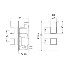 [BSEM4TW01] Empire Contemporary Concealed Square Twin Thermostatic Shower Valve, 215mm Solid Brass Construction - Matt Black by Balterley - Technical Drawing