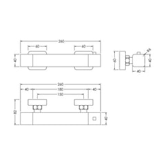 [BSEM503] Empire Contemporary Bathroom Wall Mount Square Thermostatic Bar Valve with Bottom Outlet, 55mm x 261mm, Chrome - Balterley - Technical Drawing